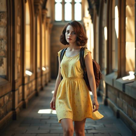 Suzi, a petite and graceful college student with pale blue eyes and a soft oval face, walks thoughtfully through the ancient stone halls of an old English university on a warm summer day. Her dark brown hair is styled in voluminous vintage waves, tucked just below the chin, with a soft shine and 1940s glamour. She wears a yellow sundress with a delicate floral print that flutters slightly as she walks. A worn brown leather backpack is slung over one shoulder. Sunlight streams through the tall arched windows along the corridor, casting warm golden tones and soft shadows across the stone floors and her dress. The scene captures a timeless academic elegance with cinematic depth and photorealistic beauty.
Suzi, illustrious model, 1940s wavy bob, vintage hairstyle, yellow floral sundress, Mary Jane shoes, white socks, leather backpack, gothic architecture, Oxford hallway, soft golden light, academic summer vibe, photorealistic, cinematic, warm tones, elegant lighting, 3/4 body, thighs up body