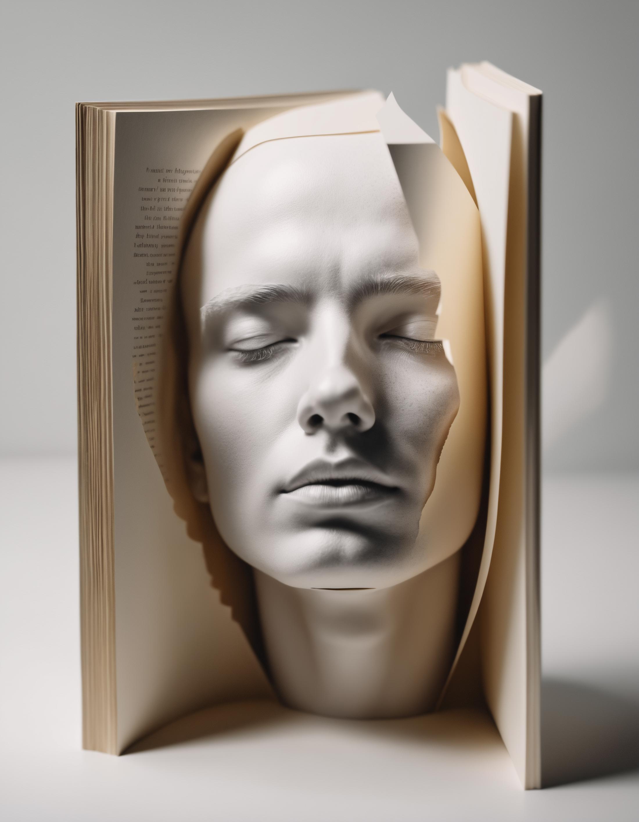 A book with a statue of a head on it.