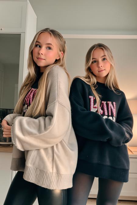 RAW photo of izaandelle twins, Oversized sweater and leggings for a cozy movie night at home, (high detailed skin:1.2), 8k uhd, dslr, soft lighting, high quality, film grain, Fujifilm XT3, <lora:izaandelle:1>