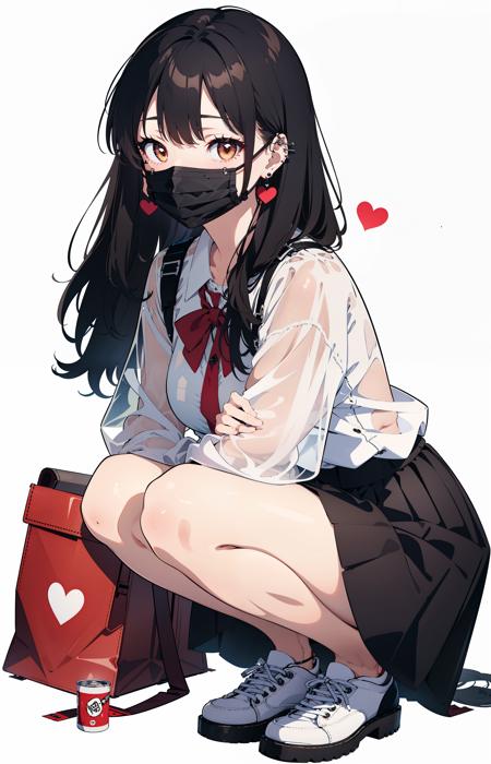 masterpiece, best quality,
1girl, bag, bangs, black hair, black skirt, brown eyes, can, clothing cutout, ear piercing, earrings, heart, jewelry, long hair, long sleeves, looking at viewer, mask, mouth mask, piercing, see-through, shoes, simple background, skirt, solo, squatting, surgical mask, white background