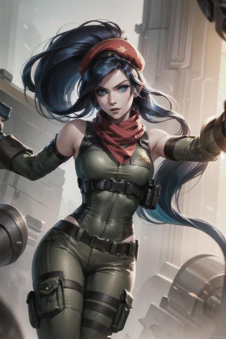 portrait shot of caitlynlol, resistance caitlyn, 1girl, solo, red scarf, red hat, blue eyes, blue hair, long hair, militar outfit, chest armor, green shirt, brown pants, knee boots, green gloves, ear intercom, (detailed face), city background, <lora:caitlynlolv2:0.6>,  <lora:more_details:0.5>