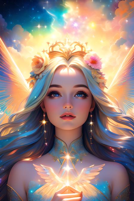 a photorealistic photo of a graceful female angel clothed in glittering, perfect wings, symmetrical wings, colorful fine linen, surrounded by radiant flowers and bright clouds, smoke, misty, shimmering auras, morning lighting, close-up, almost white blonde hair, glowing skin, soft, graceful opalescent glowing wings, calm galaxy pupils eyes, in the distant sky can stars that shine brightly, 8k uhd, dslr, soft lighting, high quality, film grain, Fujifilm XT3 , style-rustmagic
DeepJourney, deepjourney
 <lora:DeepJourney:1.2>