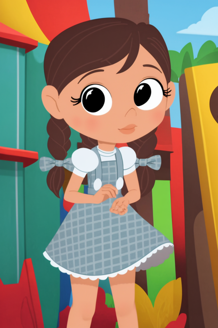 masterpiece, best quality, 1girl, dorothy, brown hair, twin braids, black eyes, dress, upper body, solo, looking at viewer, cartoon, simple background  <lora:Dorothy:1>