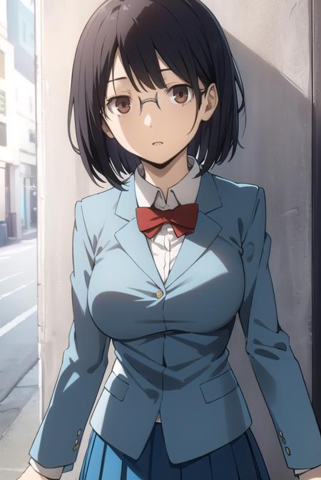 anrisonohara, <lora:anri sonohara s1-lora-nochekaiser:1>,
anri sonohara, short hair, black hair, (brown eyes:1.3), glasses, bob cut,
BREAK skirt, school uniform, shirt, white shirt, collared shirt, blazer, blue blazer, bow, red bow, blue skirt,
BREAK indoors, classroom,
BREAK looking at viewer, (cowboy shot:1.5),
BREAK <lyco:GoodHands-beta2:1>, (masterpiece:1.2), best quality, high resolution, unity 8k wallpaper, (illustration:0.8), (beautiful detailed eyes:1.6), extremely detailed face, perfect lighting, extremely detailed CG, (perfect hands, perfect anatomy),