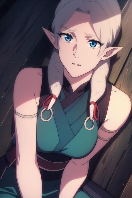 fymryn, blue eyes, grey hair, pointy ears, braid, hair braid, elf, bare shoulders, boots, detached sleeves, bare shoulders, sleeveless, pants, sash, toeless legwear, green dress,