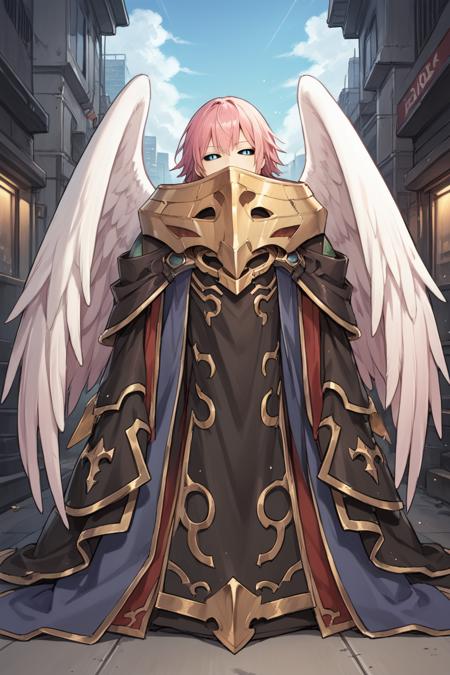 kadef, 1boy, pink hair, blue eyes:0.2, black sclera:0.2, wings, angel wings, feathered wings, armor, shoulder armor, robe, mask, gold trim, covered mouth