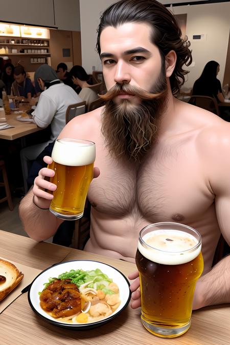 beard man,lunch,eating a lot,drinking beer,yami,