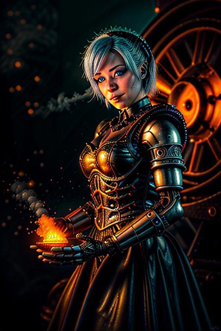 "A whimsical humanoid AI in a steampunk universe, her mechanical features crafted with brass, gears, and clockwork, delicately fused with organic materials like wood and lace. She wears a victorian-inspired dress with intricate designs, holding a glowing gear-shaped artifact. Her expression is serene, her blue eyes reflecting the light of a glowing steam engine in the background. Art style: vibrant and detailed, with warm metallic tones and vintage aesthetics." face close up,
NEG_EMBED_STABLE_YOGI_V3, cyberg1gerng, cyberg1gerng face,