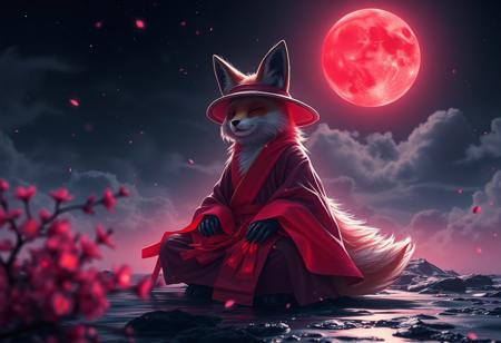 style by Petros Afshar,best quality,high resolution,realistic,8k,dynamic angle,serene,extremely detailed,absurdres particle effect,wonderful night dreamlike glowing masterpiece, celestial,detailed,realistic, clouds, Capturing serenity amidst boundless solitude: a powerful image of a fluffy ninja fox draped in flowing feudal garb, with its eyes closed, large sedge-hat, meditating in lotus position upon an endless, sunless expanse, JAPAN atmosphere, water reflection, insane glowing ,image concept art,phenomenal sakura blooming mesmerise,maximalist petal Bioluminescence majestic foliage detailed celestial,sightseeing,fantasy colorful-forestside ultrarealistic fairy,mossy, skytop realistic garden, huge detailed, red moon, big moon, Cyborg Samurai