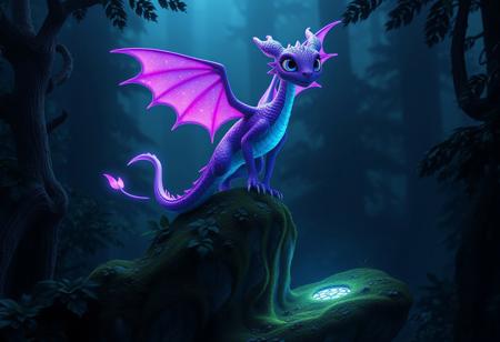A Pixar-style medium shot of a nocturnal forest with a shadowy atmosphere. The forest is illuminated by a neon glow from a fantastical, ethereal violet, dragon with translucent scales. The dragon's scales shimmer with a blend of vibrant purple and electric blue, casting an otherworldly light upon the surrounding foliage. The dragon has large, expressive eyes filled with flirtatious mirth,  curiosity and delicate wings that resemble gossamer fabric. The dragon's body is adorned with tiny, sparkling dots that dance and flicker. The dragon stands atop a mossy, luminescent high cliff, , and its reflection shimmers in the dew-kissed mountian. The contrast between the dragon's radiant colors and the deep, inky blackness of the forest creates a breathtaking visual spectacle.
