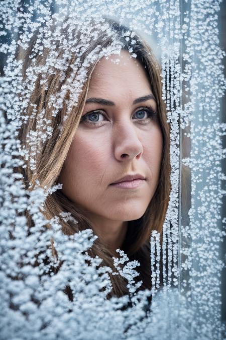 mndngwmn, woman looking at the viewer through a frost-covered-window, highly-detailed, ultra-realistic,
 <lora:mondongo_LoRA_JenniferAniston_v2:0.8>