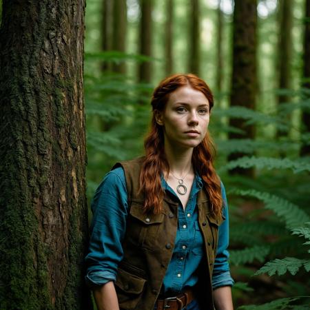 RAW full body analogue photo of a beautiful 20 years old woman, clear focus, 8K,__Random_Woman__,Forest Ranger: Nature tattoos, wood rings, leaf necklaces, sharp gaze, natural makeup, ranger attire, boots, minimal piercings, practical, cargo vest. ,low light, soft natural light, Rembrandt style light, Hasselblad DLSR camera, 200mm Zeiss lens, f/2.8 ,Sexy pose, erotic pose, exhibitionism