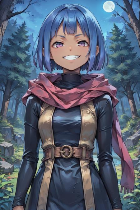 eledef, dark skin, 1girl, purple eyes, short hair, blue hair, red scarf, headband, yellow crop top, midriff, (gauntlet), black shorts, thighhighs, mismatched legwear, asymmetrical legwear,