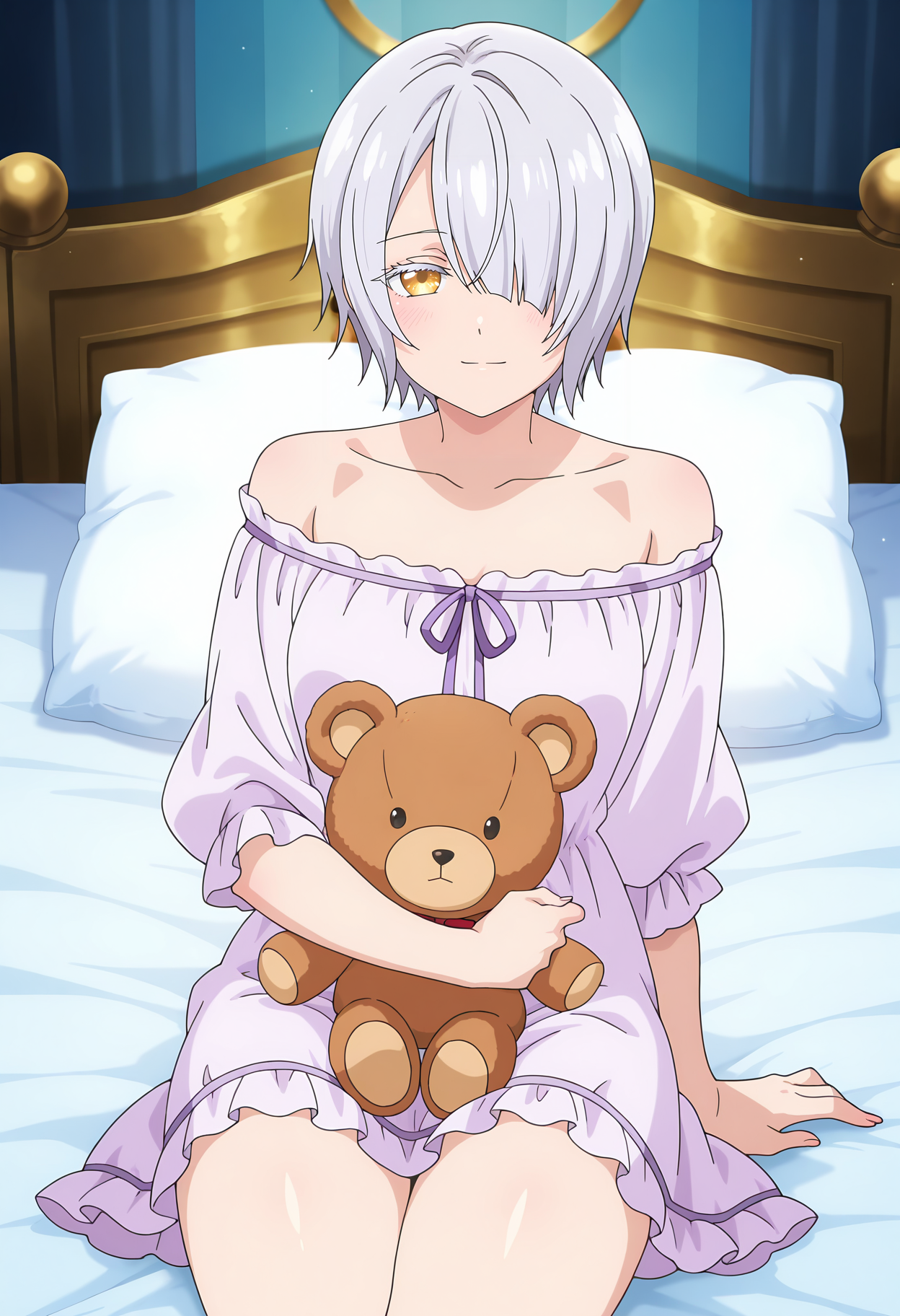 A young woman with short, silver hair and amber eyes sitting on a bed with white sheets and a golden headboard holding a brown teddy bear. She is wearing an off-shoulder lavender nightgown with ruffled edges. 