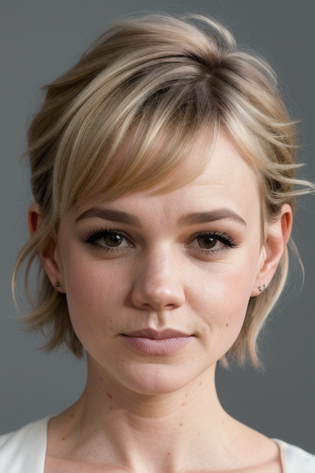 (CareyMulligan:0.9), (face closeup:1.3) portrait of young woman, grey background, tilted pose shot, slick undercut hair, oiled shiny skin,