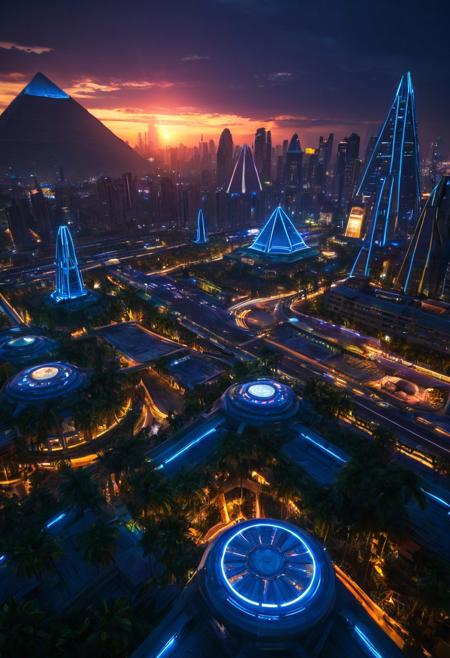 A futuristic, cyberpunk cityscape set in a tropical environment during the summer solstice. The scene features sleek, neon-lit skyscrapers and advanced architecture, but instead of the typical urban jungle, it is surrounded by lush, vibrant tropical vegetation and palm trees. The sky is a deep blue with a few fluffy white clouds, and the sun is high, casting a warm glow. The atmosphere is a blend of futuristic and tropical, with exotic flowers and greenery intertwined with metallic and glass structures. The lighting is bright and vivid, capturing the essence of a tropical solstice in a cyberpunk world. High-resolution, detailed textures, and a dynamic interplay of light and shadow
BREAK
(
night cityscape, skyscrapers, huge docked spaceship in the horizon,Egyptian pyramids tall  as the sky, multi layered highways that circle the  city center ,  illuminated buildings, neon lights, urban skyline, futuristic, cyberpunk aesthetic, sunrise, atmospheric haze, street lamps, architectural lighting, high-rise towers, city glow, modern metropolis, dynamic composition, wide shot:1.8)