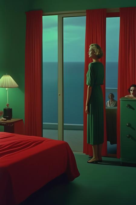 <lora:Director Gaspar Noe style:1>Director Gaspar Noe style - Master bedroom, very big balcony door background, two women, a middle-aged woman with eyes closed in bed and a young woman dressed in red standing infront of the window looking at the ocean, n the style of philip-lorca dicorcia, green, jason rhoades, in the style of gregory crewdson, tonalist color scheme, site-specific, vertigo 1954 movie green hotel room colour, very wide shot