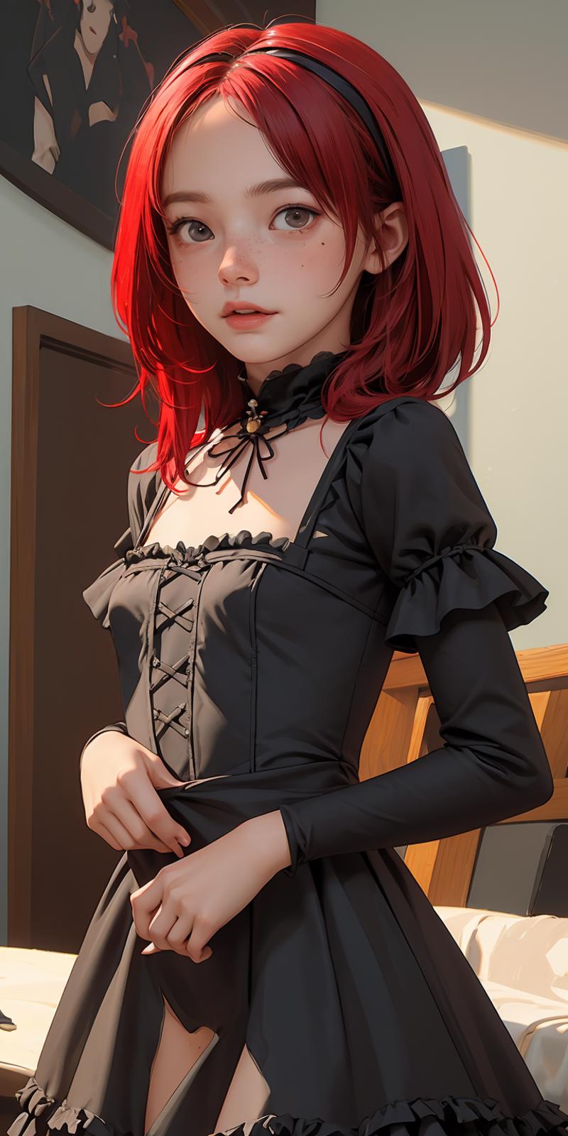 A 3D rendered image of a woman wearing a black lace dress.