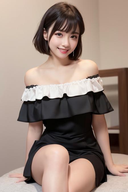 best quality, photorealistic, 8k, high res, 1girl, woman, (professional lighting), (portrait:0.6), (off shoulder dress:1.72), gorgeous, black hair, (short hair:1.2), (1girl eyes looking at viewer:1.4), ((looking at viewer:1.6)), (looking at the camera), photorealistic, (bokeh), (portait:0.6), (dynamic pose:1.2), sfw, (smile:1.6),<lora:borusushi:0.4>