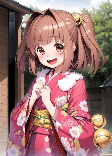 <lora:tomoki:0.7>, 1girl, motoori kosuzu, hair bell, solo, bell, hair ornament, kimono, two side up, open mouth, blush, brown hair, red eyes, jingle bell, smile, looking at viewer, wide sleeves, short hair, facial, long sleeves,japanese house,