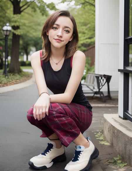 1girls, ashley-boettcher:0.65, green eyes, olette <lora:OletteV2:1:lbw=MIDD>, shirt, brown hair, plaid pants, sleeveless shirt, bracelet, red socks, black shoes, Necklace BREAK dusk, the golden hour, clocktower in the background BREAK masterpiece:1.2, absurdres:1.1, best quality, 8k raw photo, photorealistic, subsurface scattering, cinematic lighting