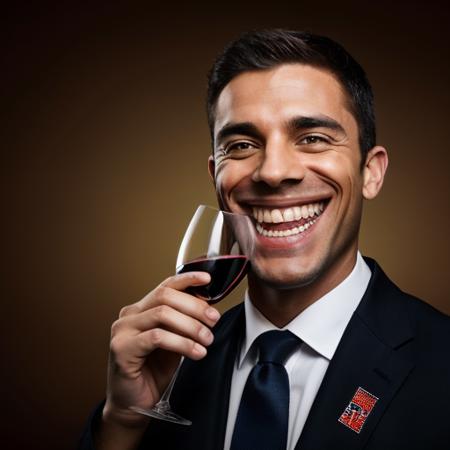 RAW photo, drinking wine, a guy  , three-quarter, toothy grin, wearing suit <lora:tr0ll-000040:0.8>, 8k uhd, dslr, soft lighting, high quality, film grain, Fujifilm XT3, simple background