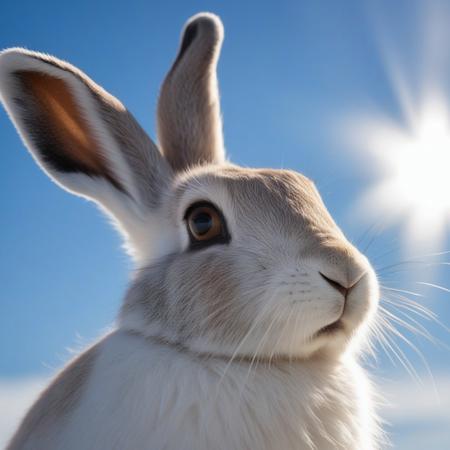 very realistic close-up photography of the head of a white snowshoe hare, blue sky background with cirrus clouds and slightly hidden sun