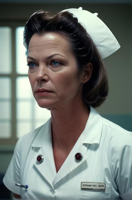 Nurse Ratched woman overseeing the psychiatric ward, her eyes surveying the patients, captured with analog film grain, high contrast, atmospheric, 4K