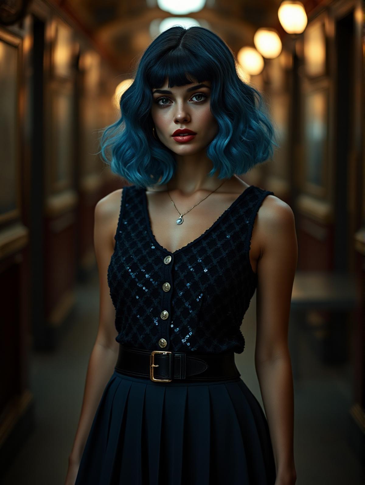 a woman with blue hair wearing a school uniform,Wavy French Bob Vibes from 1920â,gradient hair,dressed in a sequined top with a pleated skirt and T-strap heels,bokeh professional 4k highly detailed,Ilford FP4 125,Moonlight