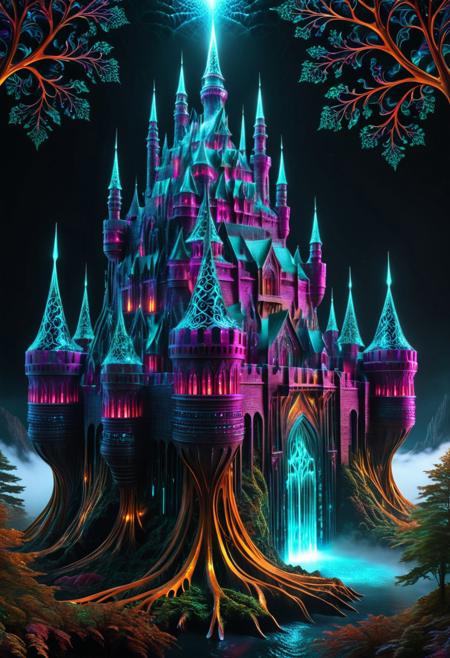 surreal castle, old castle, crazyily big castle, massive fortress, surreal castle, massive walls, medieval castle, transformed by glowing fractal roots, geometric vines wrapping around its structure, futuristic crystal patterns integrated into the metal, bioluminescent details, mystical atmosphere, cinematic lighting, foggy cityscape in the background, ultra-detailed architecture, dreamlike sci-fi fantasy fusion, sharp focus, 8k, fractal-inspired redesign, concept art style, fractangles, made out of fractangles, high quality,