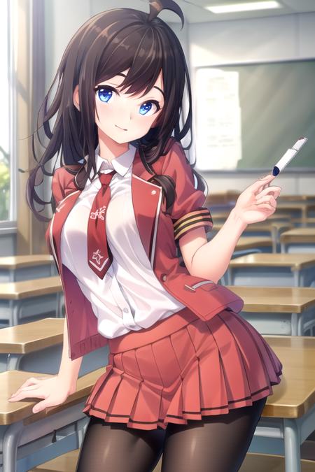 ahoge,long hair,brown hair,sidelocks,blue eyes cropped jacket,red jacket,open jacket,white shirt,collared shirt,red necktie,short sleeves,large breasts,miniskirt,pleated skirt,red skirt,black pantyhose,loafers