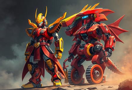 The artwork vividly depicts an epic scene of two distinct robots: a Cyber Magician and a Proto-Cyber Dragon. The Cyber Magician, standing proudly with a red and black body and a vibrant yellow head, is adorned with orange arms and legs that add a burst of color. On the right, the Proto-Cyber Dragon, transformed from a cyborg, showcases a red and black exterior with a yellow roof that matches the Cyber Magician's head. Its orange wheels echo the robot's arms and legs, creating a harmonious color contrast. The captivating 4K illustration boasts lifelike details, intricate facial and clothing features, and vibrant hues. With stunning colors, impeccable composition, and epic cinematic lighting, the image is a masterpiece in contemporary aesthetics.