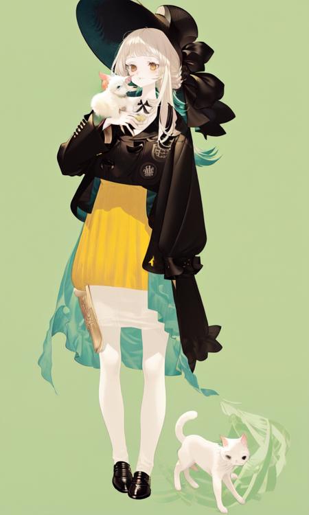 1girl, solo, hat, aqua_background, shoes,black jacket,yellow dress,simple_background,long white hair,cat,  animal, 1girl, red_hair,brown eyes,