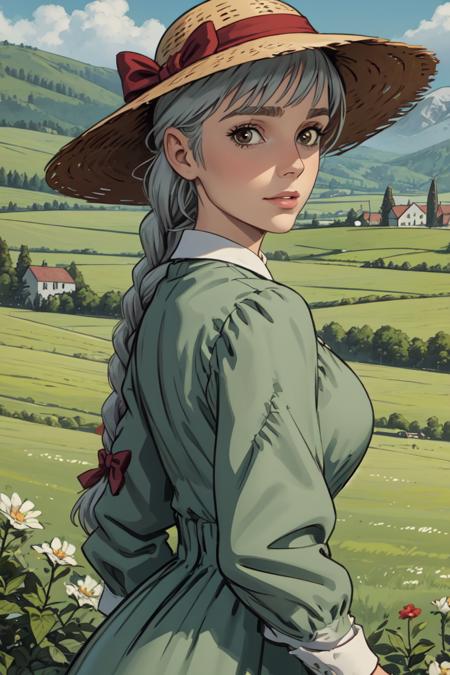 upper body, (best quality), (masterpiece), (solo), 1girl, grey hair, brown eyes, braided hair, green dress, hat, countryside farm, looking at viewer, <lora:sophie_hatter:0.7>