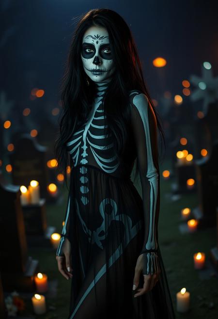 (masterpiece, best quality), score_9, score_8_up, score_7_up, masterpiece, 4k, Latina girl, alternative, long black hair, bedroom eyes, wide hips, flowing sheer black dress, dia de los muertos makeup, painted skeleton body paint, in a cemetery at night, candles everywhere, dark background, vignette, dynamic lighting, dynamic shadows, bokeh, low light, depth of field, highly detailed, high contrast, film grain, Rim Lighting,