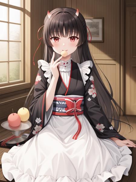 <lora:Sakawa_v2:1>japanese clothes, wide sleeves, kimono, sash, obi, wagashi, dango, maid,long hair, black hair, red eyes, long sleeves, oni horns, hair ribbon,, <lora:flatBG:-0.5> ,<lora:flat2:-0.5> ,<lora:hyperrefiner_v090:1> ,(dark light:1.2),(hyper extreme detailed),(masterpeace:0.5),(hyper extreme),(photorealistic),game cg,llustration,novel illustration,beautiful lighting,light from the front,good_hands,beautiful art ,BREAK