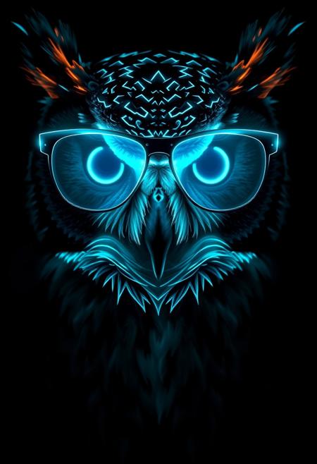 In a mesmerizing, hyper-realistic image, an owl's face is rendered in exquisite detail, with glow-in-the-dark face paint applied in a sleek, geometric pattern. The owl wears large, glowing aviator shades, their frames and lenses radiating a bright, electric blue light that complements the soft, ethereal glow of the face paint. The owl's eyes seem to gleam with a wise, knowing intensity, as if it's gazing into the very soul of the viewer. The glow-in-the-dark paint and shades are rendered in precise, photorealistic detail, with subtle texture and shading that creates a sense of depth and dimensionality. The surrounding darkness is pitch black, making the glowing paint and shades seem even more vibrant and hypnotic, as if the owl is radiating a mystical, otherworldly energy. Highest-Quality, 4k, intricate details, visually stunning, Masterpiece