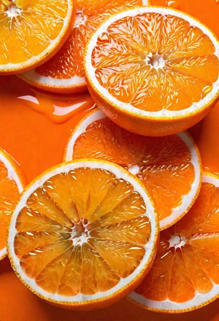 Captivating close-up shot of fresh orange slices, with a dynamic splash of vibrant orange juice adding a sense of energy and movement to the frame. The image highlights the intricate texture and deep, warm orange color of the fruit's skin, set against a vibrant orange color tone. This high-speed photograph captures the beauty of the oranges in stunning detail, showcasing the allure of fresh fruit and the artistry of food photography.