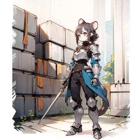 (1girl:1.5),  ratkin,  ratkin_ears, ratkin_tail, ratkin_hairstyle, black  hair,  standing, mature, armored,  <lora:ratkin_v0.1-000002:1>