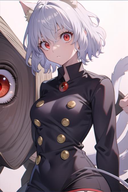 neferpitou, <lora:neferpitou:1>, neferpitou, short hair, (red eyes:1.5), long sleeves, animal ears, tail, white hair, shorts, cat ears, cat tail, curly hair, BREAK looking at viewer, BREAK outside, BREAK <lora:GoodHands-vanilla:1>, (masterpiece:1.2), best quality, high resolution, unity 8k wallpaper, (illustration:0.8), (beautiful detailed eyes:1.6), extremely detailed face, perfect lighting, extremely detailed CG, (perfect hands, perfect anatomy),