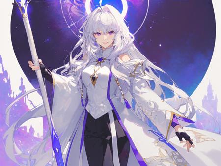 by taiki, merlin (fate, 1girl, long hair, staff, holding staff, solo, white hair, purple eyes, holding, very long hair, gloves, ahoge, white robe, black pants, pants, fingerless gloves, wide sleeves, bangs, breasts, long sleeves, black gloves, robe, looking at viewer, smile