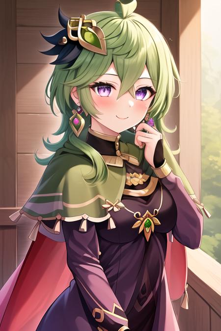 masterpiece, best quality, highres, solo, {collei_genshin:1.10}, green_hair, bangs, purple_eyes, hair_ornament, jewelry, capelet, hair_between_eyes, earrings, green_capelet, ahoge, blush, medium_hair, crossed_bangs, closed_mouth, bridal_gauntlets, long_hair, breasts, 1girl, looking_at_viewer, single_earring, long_sleeves, smile, upper_body, holding, open_mouth