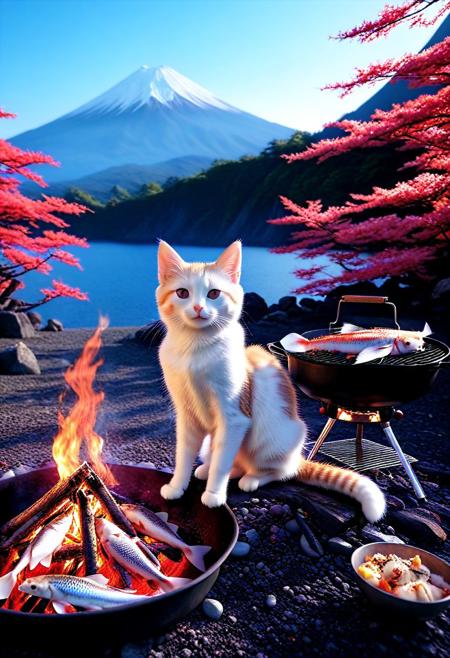 coralbugXL, kitten in beautiful campsite near mount fuji with beautiful lake, sitting next to campfire grilling fish, Food photography, Appetizing, professional, culinary, high-resolution, commercial, 
concept-art, digital, dreaminess, fantasy, other-worldliness, alien worlds, 
intricate details, highly detailed, ultra-detailed, absurdres, unreal engine, octane rendering, high contrast, vivid, vibrant, volumetric lighting, sharp focus, 
aid291, midjourneyv6.1,