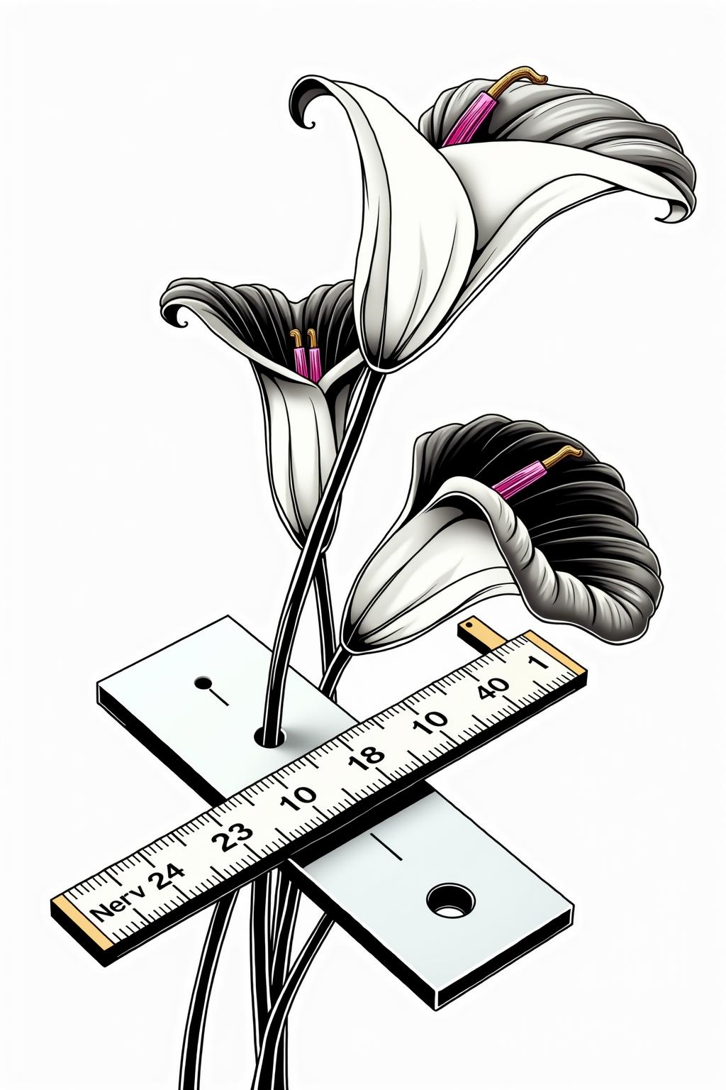 Dark Moody Atmosphere, line art drawing black and white with vibrant brown-madder,jaune-brillant,magenta accents, sharp clean lines, high contrast, complimentary color theme, three open white lilies with curved stems, the lilies intertwine with an oversized right-angle two-piece beige carpenter square tool with numberless measurement markings and a brass tip pn one side, 2D flat illustration, optical illusion, in memoriam simplistic artwork, somber solumn theme, in the style of M.C. Escher, line art, bright white background . professional, sleek, modern, minimalist, graphic, line art, vector graphics, dramatic, mysterious, dark moody atmosphere