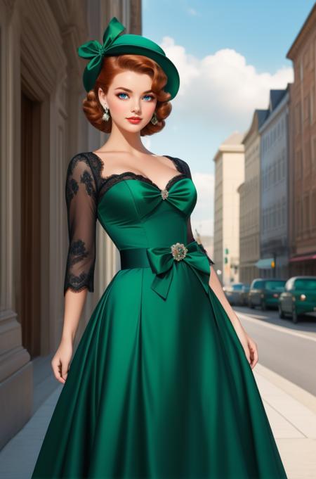 gr33n_gl4m, green satin dress, fitted bodice, flowing A-line skirt, floor-length, chest bow, sweetheart neckline, lace trim, three-quarter length sleeves, green sash, felt tilt hat, vintage brooch, evoking the 1940s