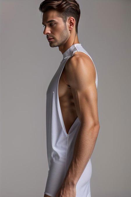 side view, European man wearing a white dress, sleeveless tank top, (extreme low-cut dropped side holes:1.3), side pecs, male nipple slip, high-cut crewneck, model face, street, best quality, realistic ,masterpiece,bokeh, 4k,photographic, fine texture, incredibly lifelike, sldr3ssng