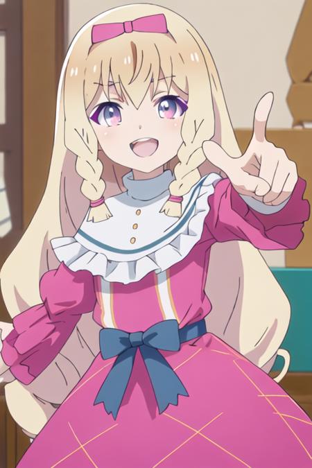 best quality, masterpiece, highres, solo, {noire_foschurose_kumakumakumabear:1.15}, blonde_hair, long_hair, braid, bow, hair_bow, bangs, twin_braids, purple_eyes, smile, blush, open_mouth, 1girl, dress, pointing, teeth, long_sleeves, looking_at_viewer, parody, pink_dress, pointing_at_viewer, v-shaped_eyebrows, hair_between_eyes, upper_teeth_only