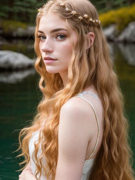 a portrait photo of jane_noexist, (freckles:0.5), age 28, gold-lacquered skeins hair, dreamy fairy lake