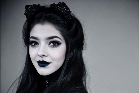 Teen brunnete nordic goth girl | tattoo | smile | dark | in dark room | Adult | Dark | High quality | gothic makeup | realistic