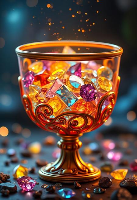 A hyper-stylistic, extremely detailed image depicts an enchanting goblet filled with shiny gems, reminiscent of a Pixar film. The goblet itself is a masterpiece of craftsmanship, with delicate, swirling patterns and a rim that shines like molten gold. The gems inside sparkle and glimmer, each one perfectly placed to create a dazzling display of color and light. Every detail of the scene is meticulously crafted, from the subtle, nuanced colors of the gems to the intricate, textured patterns on the goblet's surface. The overall effect is one of breathtaking, whimsical wonder, as if the viewer has stumbled upon a hidden treasure trove of magic and enchantment. The image is rendered in exquisite detail, with a level of quality that rivals the most beautiful and intricate works of art. highest-Quality, intricate details, visually stunning, Masterpiece